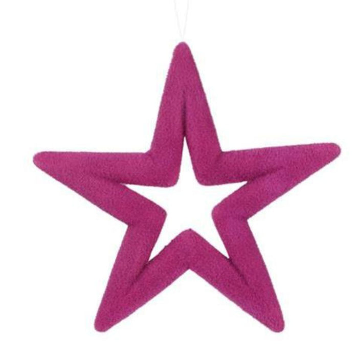 A vibrant pink open star ornament with a hollow center, made from felt and displayed against a clean white background.