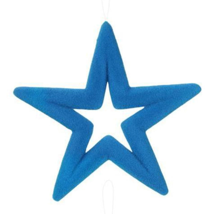 The 14"Lx14"H Flocked Open Star, also known as product MS166399, resembles a plush soft toy or decorative item with its cut-out center and rounded edges. Available in vibrant colors such as orange, turquoise, yellow, and pink, it hangs gracefully against a plain white background.