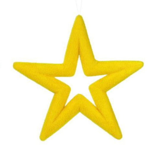 This 14"L x 14"H flocked open star ornament, available in orange, turquoise, yellow, and pink (MS166399), features a hollow center with five points and elegantly hangs against a white background, highlighting its vibrant colors.