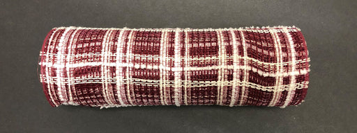 A rolled-up Burgundy Jute-Cream Fuzz Plaid Mesh (10x10Y, XB105210-10) with a burgundy and cream plaid pattern rests on a dark surface, showcasing its textured, woven polyester appearance.