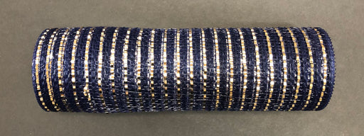 The Navy Fabric Mesh/Champ Stripes, 10X10Y Mesh (XB103410-27), features navy blue, gold, and silver stripes. Made from polyester, this decorative mesh ribbon has a shiny, textured appearance that beautifully catches the light as it rests on a flat surface.