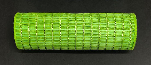 A vibrant Lime Metallic Wide Weave Mesh, 10X10Y is rolled up against a black backdrop. Made from polypropylene, its sleek and modern design features evenly spaced vertical and horizontal lines.