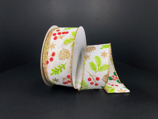 A roll of White Linen/Sparse Red-Green-Gold Berries ribbon, 1.5X10Y, features gold edges and a design of pine cones, holly leaves, and berries on a dark background.
