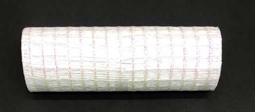 A White/Iridescent Metallic Wide Weave Mesh, 10X10Y, made of polyester with a textured finish, lies horizontally against a black background.