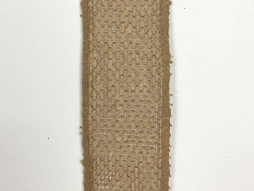 A 1.5" wide Faux Natural Burlap Ribbon (X501409-32B), featuring coarse woven texture and frayed edges, is placed vertically against a plain white background.
