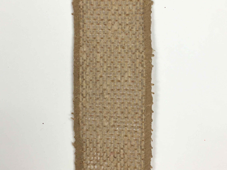A 1.5" wide Faux Natural Burlap Ribbon (X501409-32B), featuring coarse woven texture and frayed edges, is placed vertically against a plain white background.