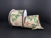 The Light Natural Linen/Hanging Wooden Ornaments ribbon (72152-40-38) features a cream base with green pine branches, brown star shapes, and snowflake patterns. Wired for easy shaping, this synthetic 2.5X10Y ribbon is ideal for adding charm to any holiday project.