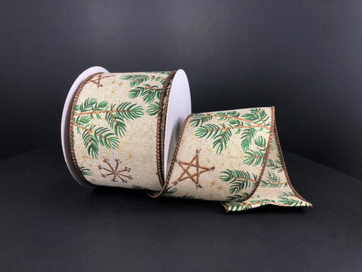 The Light Natural Linen/Hanging Wooden Ornaments ribbon (72152-40-38) features a cream base with green pine branches, brown star shapes, and snowflake patterns. Wired for easy shaping, this synthetic 2.5X10Y ribbon is ideal for adding charm to any holiday project.