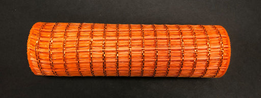 An Orange Metallic Wide Weave Mesh, sized 10X10Y (Mesh XB104310-19), rests on a black surface, presenting a cylindrical design with textured grid patterns for enhanced style and functionality in your fitness routine.