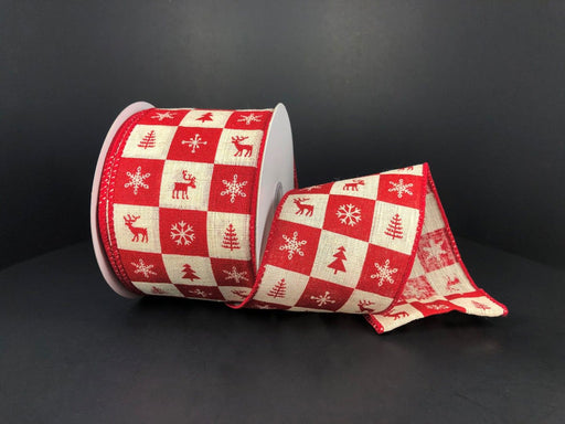The Red-Cream Christmas Icon Buffalo Chex Ribbon, measuring 2.5X10Y (product 71163-40-10), features a red and beige checkered pattern with snowflakes, reindeer, and pine trees. This synthetic wired ribbon is shown partially unrolled against a dark backdrop.