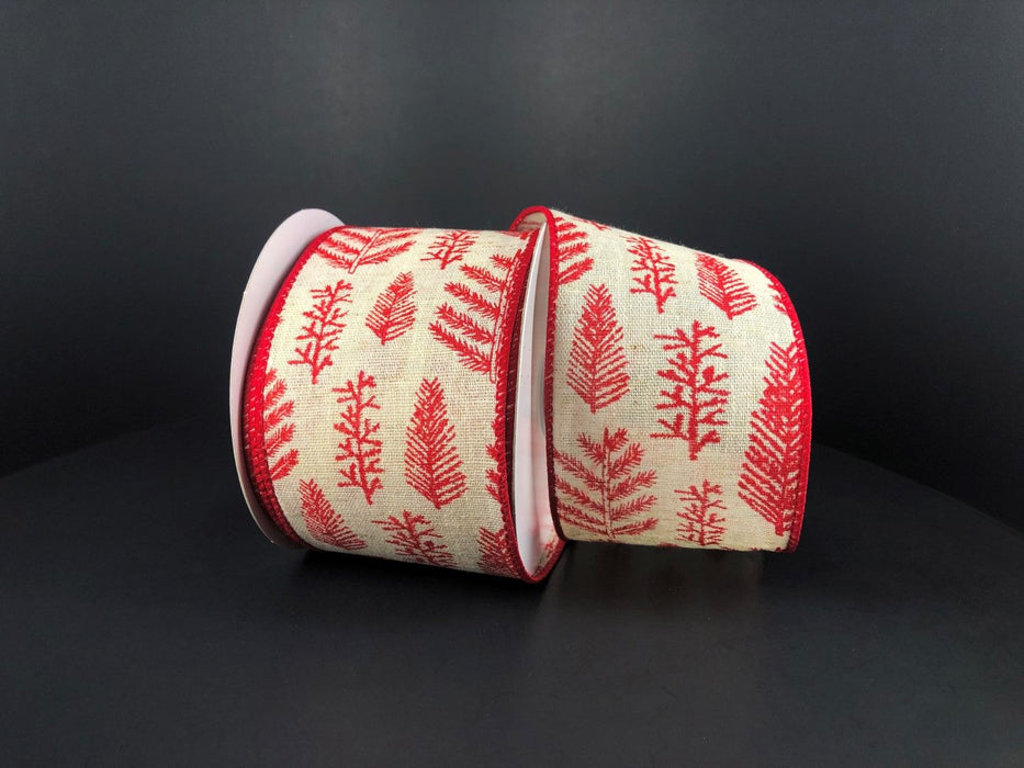 Ivory Canvas/Red Fern-Holly Branches, 2.5"X10Y  Ribbon   71177-40-12