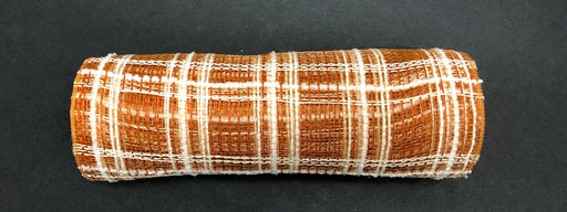 A roll of Dark Orange Jute-Cream Fuzz Plaid Mesh, 10X10Y XB105210-19, elegantly lies on a black surface.