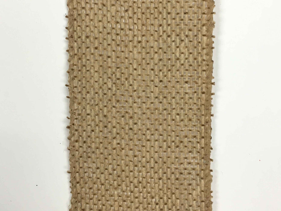The Faux Nat Burlap 2.5" x 25 yd Ribbon (X501440-32B) features coarse, woven fabric with frayed edges, ideal for rustic crafts and creative projects. Displayed vertically on a white background.