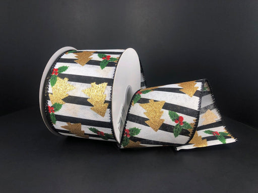 The White Linen/Black Stripe-Gold Glitter Trees-Holly, 2.5X10Y Ribbon (72145-40-21) showcases gold Christmas trees and holly with red berries on a black and white striped background, perfect for adding elegance to your festive decor.