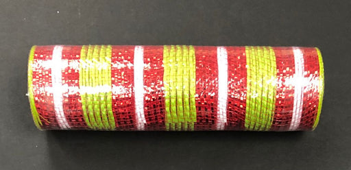 A horizontal cylindrical roll of lime fabric and red metallic-white stripe mesh, 10X10Y, features a plaid pattern on a black background.