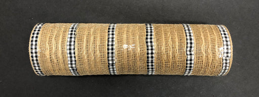 A roll of Natural Jute/Black-White Buffalo Plaid Print Mesh (XB105510-21), sized at 10 by 10 yards, lies against a dark background.