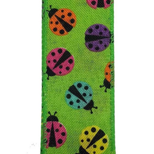 The 1.5 Green Linen Multicolor Ladybug Ribbon (Q917709-09) features a charming pattern of pink, blue, orange, purple, and yellow ladybugs with black spots.