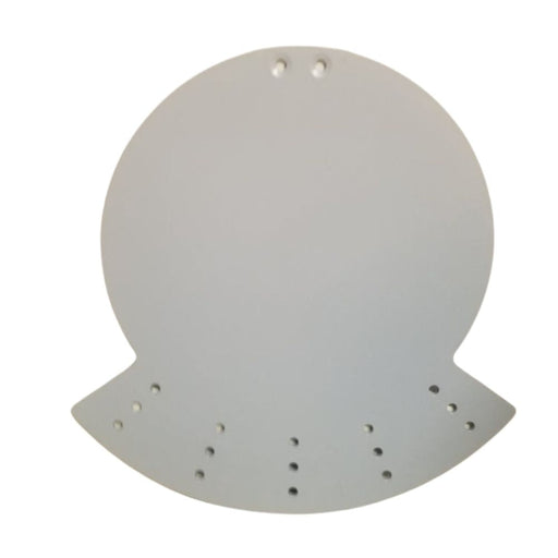 The Rail Wreath Form is a round, flat, gray metal plate with multiple small holes near the bottom edge and three at the top, great for securing wreaths or attaching zip ties. Shown on a white background.