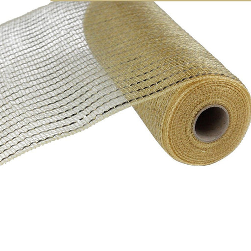 The 10 Champagne with Gold Wide Foil Deco Poly Mesh RE1366MT features translucent white and beige threads woven in a grid, accented by champagne and gold foil highlights for an elegant look.