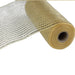 The 10 Champagne with Gold Wide Foil Deco Poly Mesh RE1366MT features translucent white and beige threads woven in a grid, accented by champagne and gold foil highlights for an elegant look.