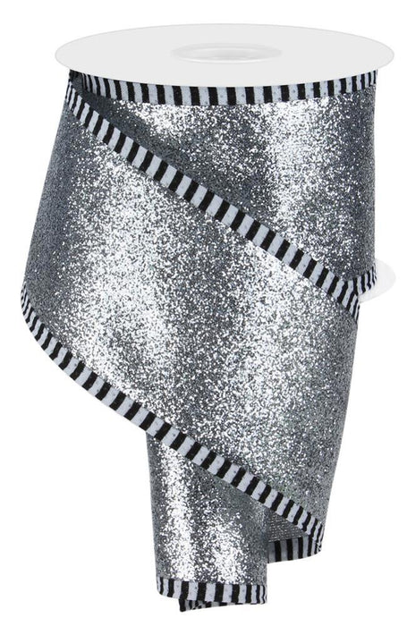 2.5"X10Yd Glitter/Metallic W/Stripe Edge  Silver/Black/White  RG0894926
