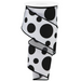 The 2.5 Giant Three Size Dot Ribbon RGA194327 features a white background with large black polka dots. Partially unwound, it forms a spiral shape highlighted by sleek black edges.