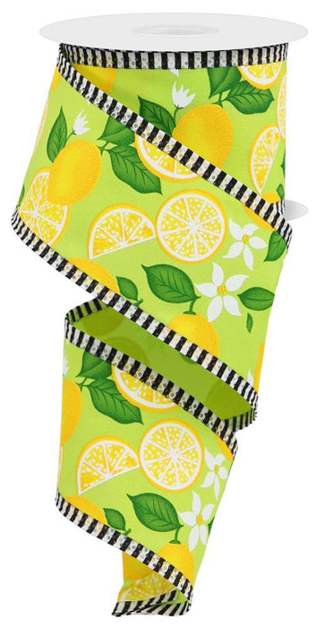 2.5"X10Yd Lemon W/Leaves/Thin Stripe  Apple Green/Yellow/Green  RGA81689W