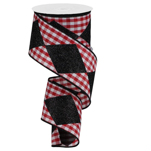 The 2.5 Red White Check Bold Harlequin Christmas Ribbon RGB1026W7 features red and white gingham with large black glittery diamonds. Its perfect for festive decorations, cascading beautifully, and is enhanced with durable polyester wire edge for easy shaping.