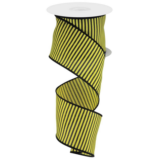 A spool of 2.5 polyester ribbon, RGC119429, hangs vertically. It features horizontal thin stripes in black and yellow and is wire-edged. The partly unrolled ribbon is wound around a white plastic holder.