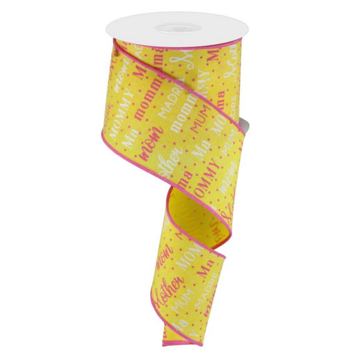 The 2.5 Mom Pattern Yellow Pink Ribbon RGC124829 features a vibrant pink and yellow design with Mother, Mom, and Mommy elegantly spiraling down, celebrating maternal love.