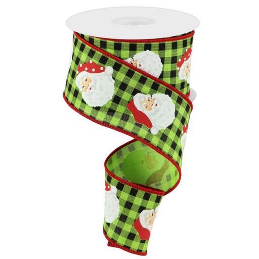 The 2.5 X 10Yd Vertical Santa Heads/Check Lime Multi (RGC1652E9) ribbon features green and black checks with vertical Santa heads, red edges, and a wire edge that helps maintain its shape when unrolled in a spiral.