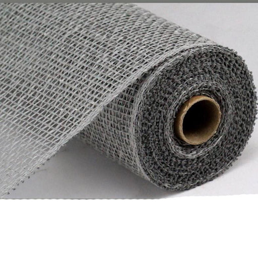 An unrolled roll of the 10 Grey Poly Burlap Mesh RP810010 reveals its woven texture against a white background, with the central cardboard tube visible at the core of this polypropylene fabric.