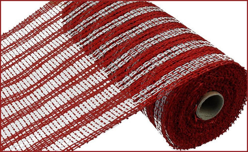 The 10"X10Yd Poly Burlap Double Stripe Mesh in Red/White (RP810634) offers a textured, woven appearance ideal for crafts or gift wrapping. This decorative ribbon features a striking red and silver stripe pattern and its partially unrolled roll highlights the vibrant design.