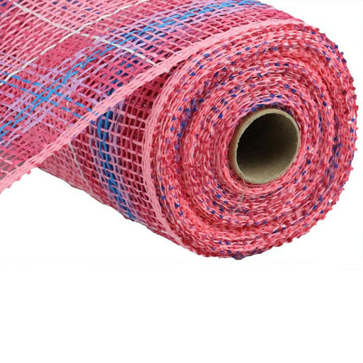 A roll of the 10" Pink Lavender Blue Plaid Poly Burlap RP8150 with hues of pink, fuchsia, lavender, blue, and white is partially unrolled around its cylindrical cardboard core.