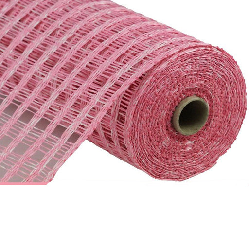 The 10" Pink White Two Tone Poly Burlap Check Mesh RP815337, a large roll made from durable polypropylene featuring a visible cardboard core, is showcased on a white background. The tightly rolled fabric displays its distinctive grid pattern.