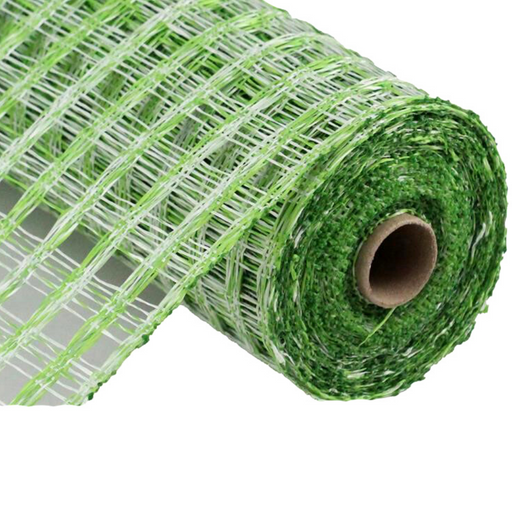 The 10 Lime White Two Tone Poly Burlap Check Mesh (RP815343) features an open, crisscross pattern; this partially unrolled ribbon highlights its textured, flexible poly burlap design.