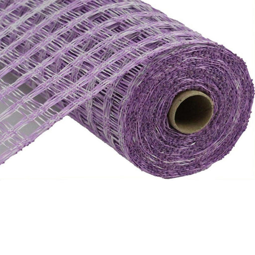 A roll of 10 Lavender White Two Tone Poly Burlap Check Mesh (RP8153M1) is partially unrolled, showcasing its textured, lattice-like design. The cylindrical materials hollow center is perfect for crafts or decorations against a plain white backdrop.