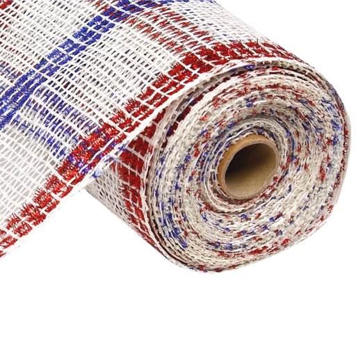 The 10 Poly Burlap Tinsel Wide Check Mesh RP8403e7 features a textured, rustic look with its woven design in red, white, and blue checks. Crafted from poly burlap tinsel, it offers a charming and beautifully crafted appearance.