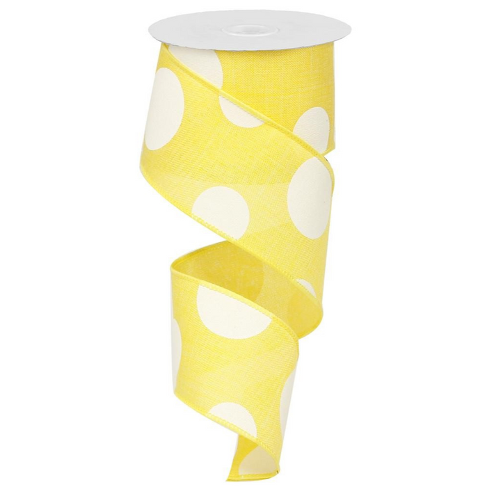 The 2.5" Yellow White Large Multi Dot Ribbon RX9143X7 features yellow polyester with large white polka dots, shown partially unrolled and curling downward in a spiral.