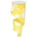 The 2.5" Yellow White Large Multi Dot Ribbon RX9143X7 features yellow polyester with large white polka dots, shown partially unrolled and curling downward in a spiral.