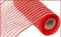 Partially unrolled, the 10.25X10Yd Poly/Faux Jute/Fiber Red/White RY800249 mesh fabric highlights its lightweight and flexible nature. Crafted from durable polypropylene, it exudes modern charm against a white background.