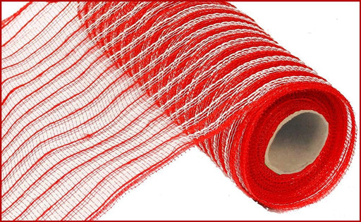 Partially unrolled, the 10.25X10Yd Poly/Faux Jute/Fiber Red/White RY800249 mesh fabric highlights its lightweight and flexible nature. Crafted from durable polypropylene, it exudes modern charm against a white background.