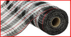 The product is a 10.25 x 10-yard roll of black, white, and red Faux Jute/Check/Foil Mesh (RY8021N6). Made from polypropylene, it features a checkered pattern with visible texture and weave against a white background.