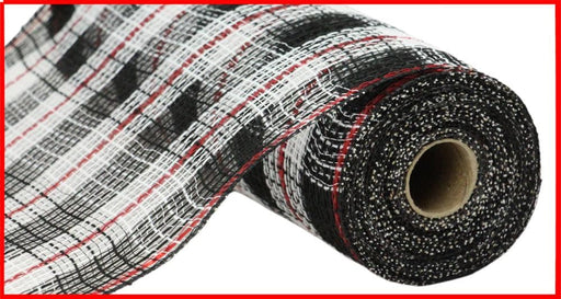 The product is a 10.25 x 10-yard roll of black, white, and red Faux Jute/Check/Foil Mesh (RY8021N6). Made from polypropylene, it features a checkered pattern with visible texture and weave against a white background.