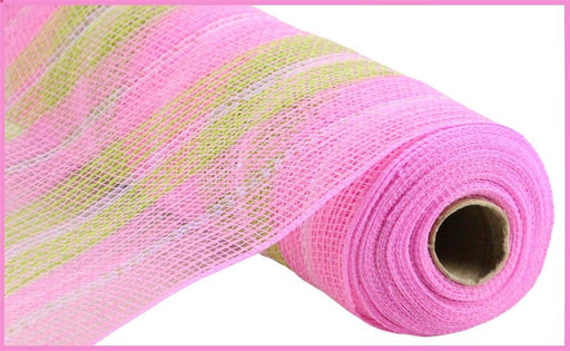 The 10.25X10Yd Jute/Iridescent Stripe Lt Pink/Spring Green/White RY8029AN features a sparkly and elegant mesh fabric with a jute-like texture, showcasing light pink, green, and white patterns while partially unrolled diagonally.