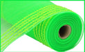 The 10.25X10Yd Drift/Pp Wide Border Mesh Lime Green RY811430 roll is partially unrolled, showing its sturdy cardboard core. Made from tightly woven polypropylene, it stands out vividly against a crisp white background.