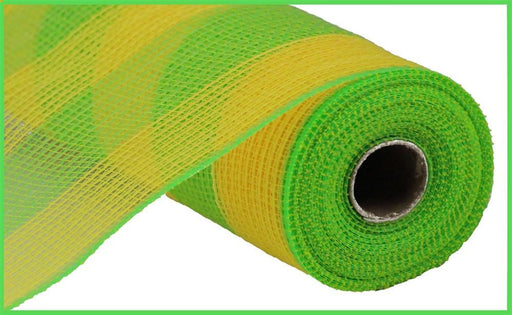 A roll of 10.25X10Yd Faux Jute/Pp Wide Stripe fabric in yellow and fresh green (RY8314B3) is partially unrolled, showcasing its intricate pattern on a white background and highlighting its vibrant hues.