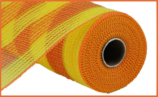 The 10.25X10Yd Faux Jute/Pp Small Stripe Yellow/Orange RY8319B4 mesh fabric features alternating yellow and orange polypropylene polyester bands, with a brown core edge. Its jute-like design has a coarse, net-like texture for visual interest.
