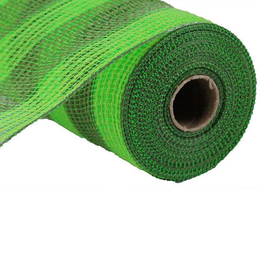 The 10.5 Fresh Green Moss Small Stripe Faux Jute Mesh RY8319B5 roll is partially unrolled, revealing its texture and vibrant color, crafted from durable polypropylene and positioned horizontally against a white background.