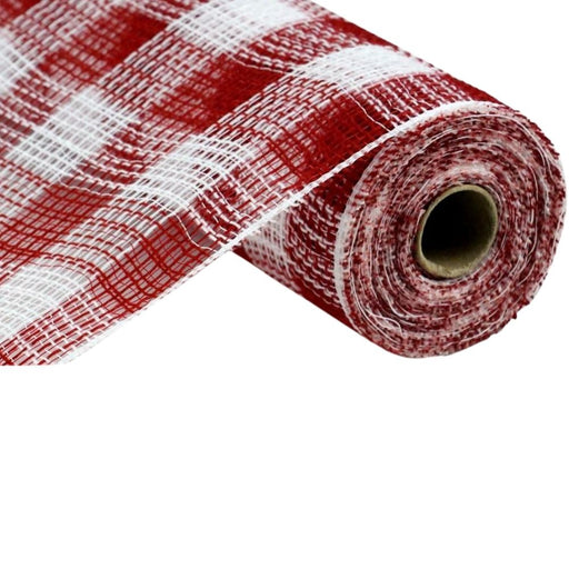 The 10.5 Red White Faux Jute Small Check Mesh RY832049 is a roll of textured mesh fabric with a red and white check pattern, featuring a cylindrical cardboard core. Made from durable polypropylene, it offers a stylish faux jute look for creative projects.
